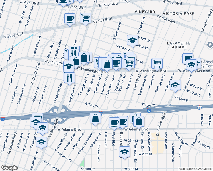 map of restaurants, bars, coffee shops, grocery stores, and more near 2017 South Palm Grove Avenue in Los Angeles