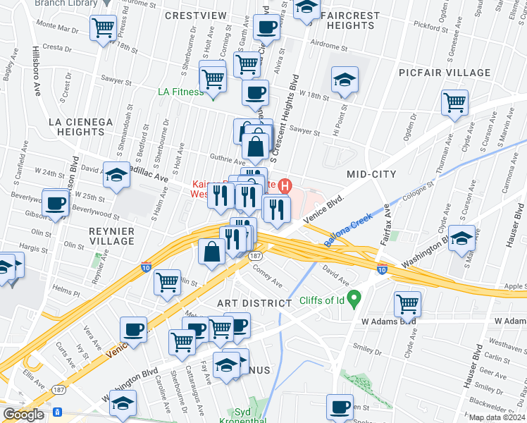map of restaurants, bars, coffee shops, grocery stores, and more near 6074 Cadillac Avenue in Los Angeles