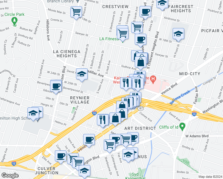 map of restaurants, bars, coffee shops, grocery stores, and more near 2342 South Holt Avenue in Los Angeles