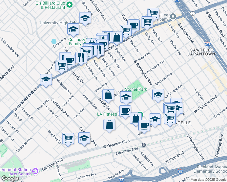 map of restaurants, bars, coffee shops, grocery stores, and more near 11877 Nebraska Avenue in Los Angeles