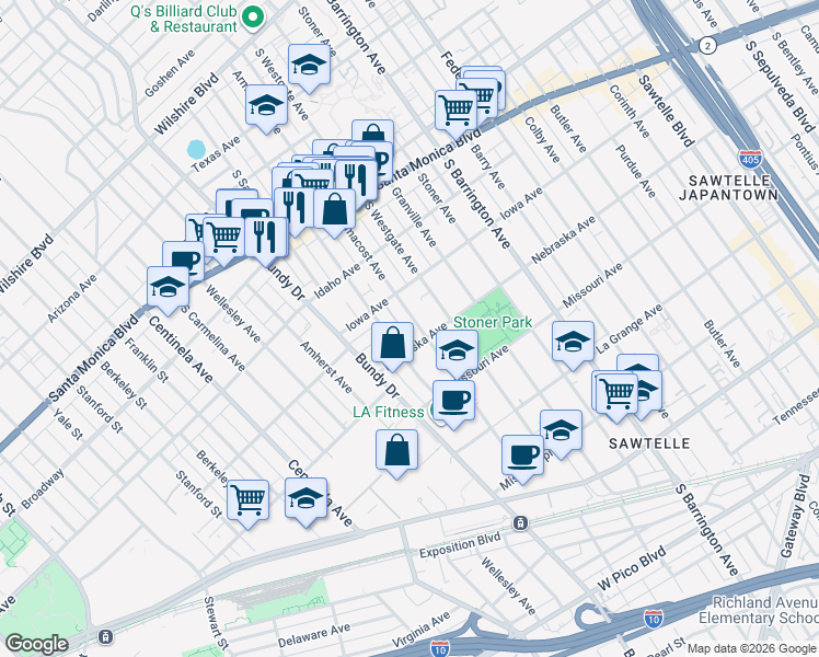 map of restaurants, bars, coffee shops, grocery stores, and more near 1730 Brockton Avenue in Los Angeles