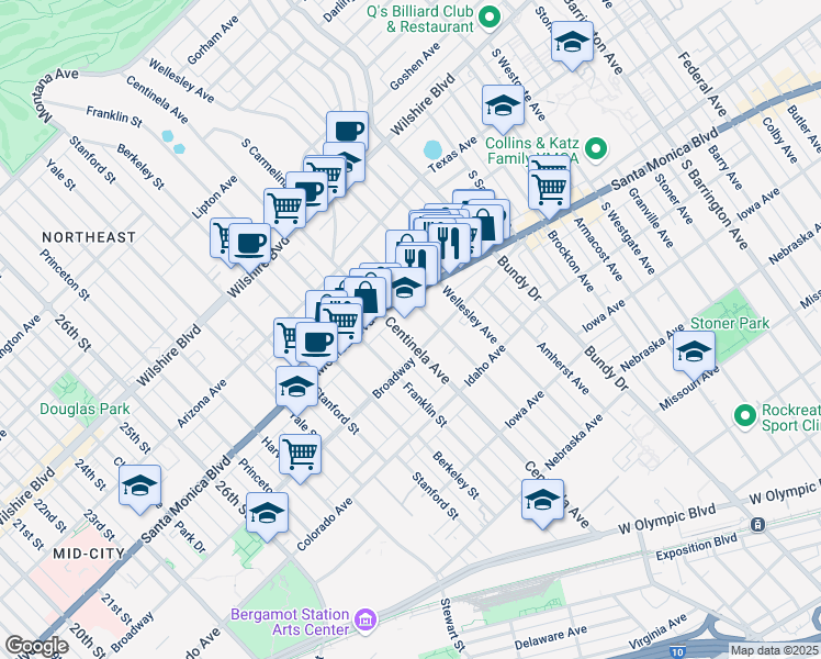 map of restaurants, bars, coffee shops, grocery stores, and more near 1427 Centinela Avenue in Santa Monica
