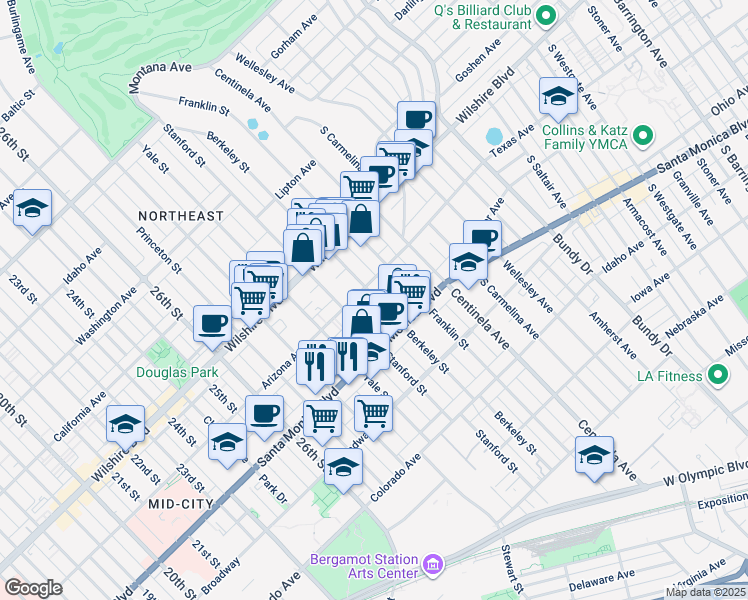map of restaurants, bars, coffee shops, grocery stores, and more near 3024 Arizona Avenue in Santa Monica