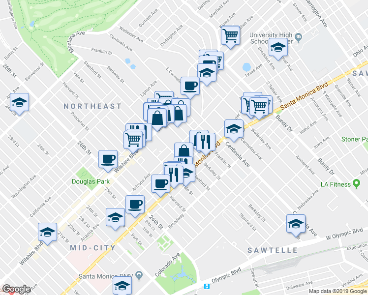 map of restaurants, bars, coffee shops, grocery stores, and more near 3024 Arizona Avenue in Santa Monica