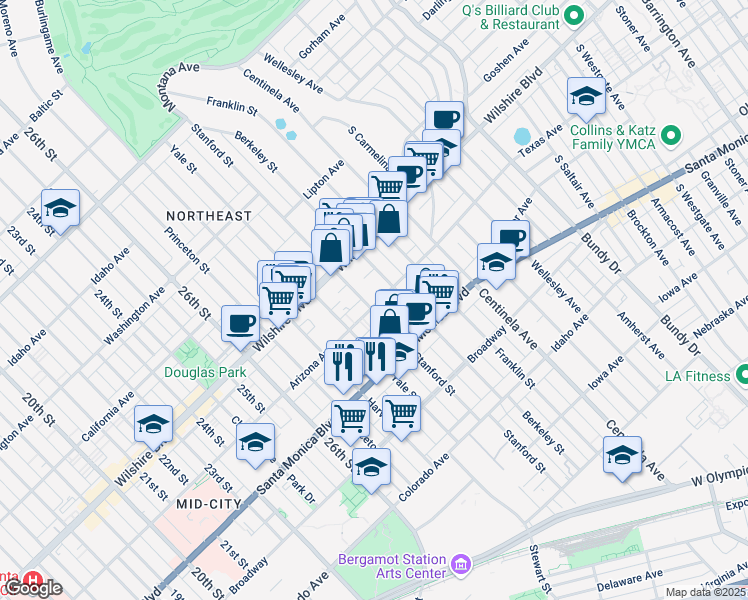 map of restaurants, bars, coffee shops, grocery stores, and more near 3024 Arizona Avenue in Santa Monica