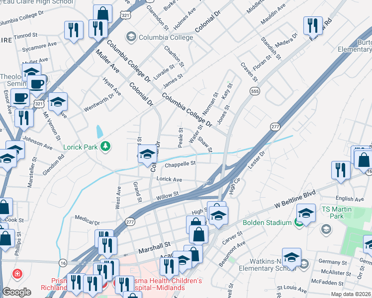 map of restaurants, bars, coffee shops, grocery stores, and more near 4021 Water Street in Columbia