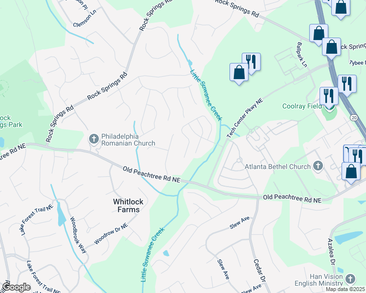 map of restaurants, bars, coffee shops, grocery stores, and more near 2578 Pierce Brennen Court Northeast in Lawrenceville