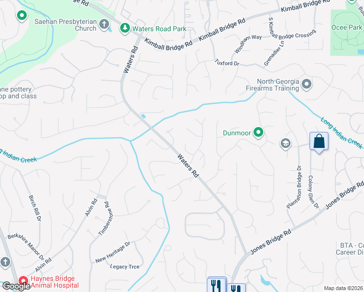 map of restaurants, bars, coffee shops, grocery stores, and more near 140 Birkdale Court in Alpharetta