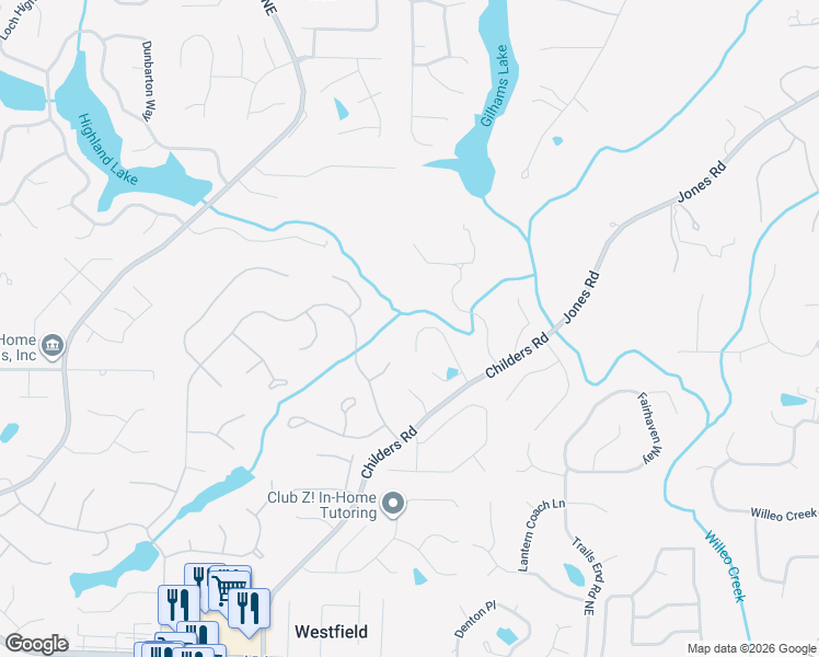map of restaurants, bars, coffee shops, grocery stores, and more near 3636 Childers Way Northeast in Roswell
