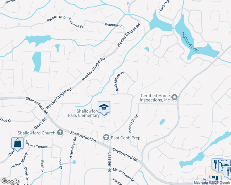 map of restaurants, bars, coffee shops, grocery stores, and more near 3979 Rock Mill Drive in Marietta
