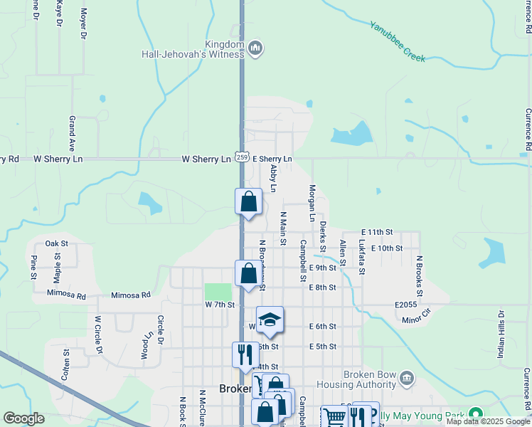 map of restaurants, bars, coffee shops, grocery stores, and more near 1102 North Park Drive in Broken Bow