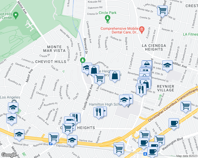 map of restaurants, bars, coffee shops, grocery stores, and more near 2711 South Beverly Drive in Los Angeles