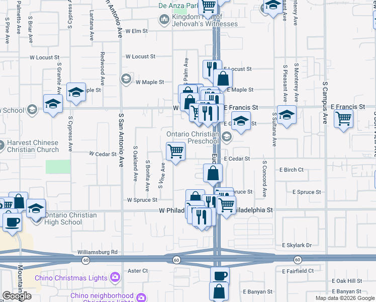 map of restaurants, bars, coffee shops, grocery stores, and more near 1949 South Palm Avenue in Ontario