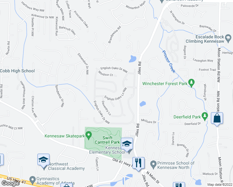map of restaurants, bars, coffee shops, grocery stores, and more near 2628 English Oaks Lane Northwest in Kennesaw