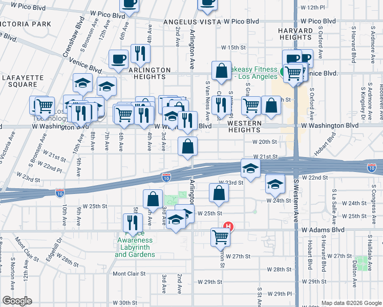 map of restaurants, bars, coffee shops, grocery stores, and more near West 21st Street in Los Angeles