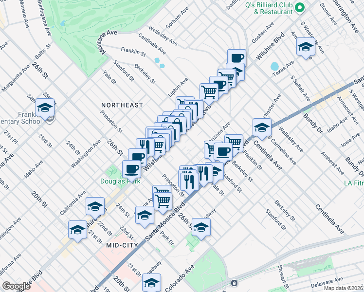 map of restaurants, bars, coffee shops, grocery stores, and more near 1217 Yale Street in Santa Monica