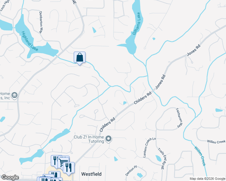 map of restaurants, bars, coffee shops, grocery stores, and more near 3636 Childers Way Northeast in Roswell