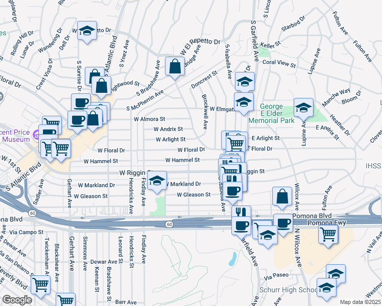 map of restaurants, bars, coffee shops, grocery stores, and more near 252 West Floral Drive in Monterey Park
