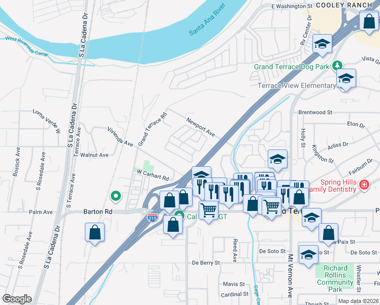 map of restaurants, bars, coffee shops, grocery stores, and more near 22111 Newport Avenue in Grand Terrace