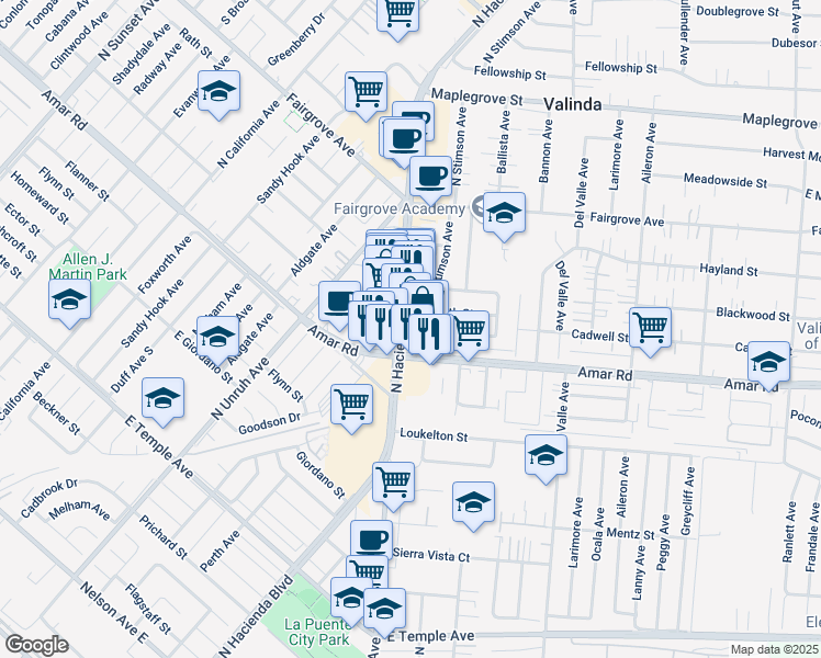 map of restaurants, bars, coffee shops, grocery stores, and more near 1030 North Hacienda Boulevard in La Puente