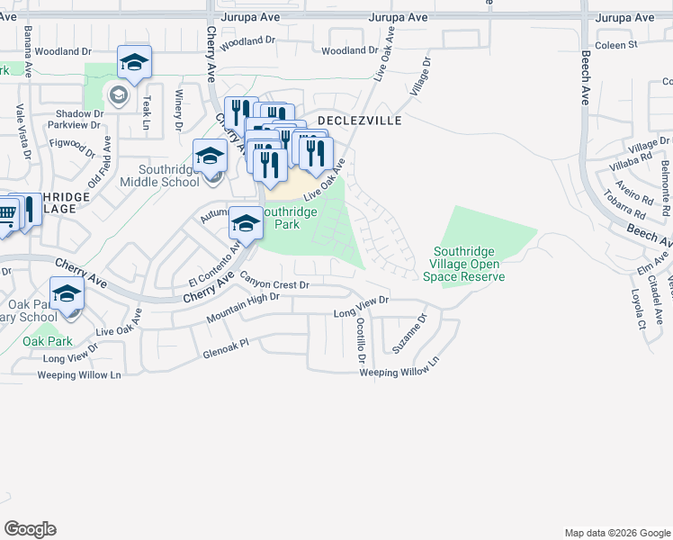 map of restaurants, bars, coffee shops, grocery stores, and more near 14754 Cinnamon Drive in Fontana