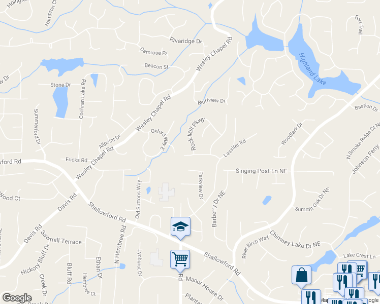 map of restaurants, bars, coffee shops, grocery stores, and more near 3979 Rock Mill Drive in Marietta