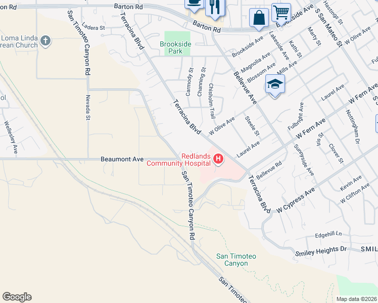 map of restaurants, bars, coffee shops, grocery stores, and more near 11895 San Timoteo Canyon Road in Redlands