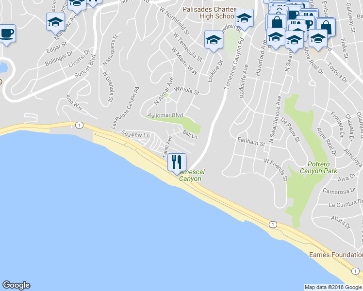 map of restaurants, bars, coffee shops, grocery stores, and more near 36 Copra Lane in Los Angeles