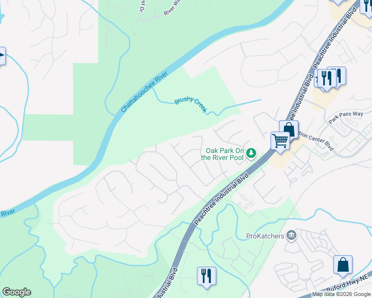 map of restaurants, bars, coffee shops, grocery stores, and more near 1645 Rushing River Way in Suwanee