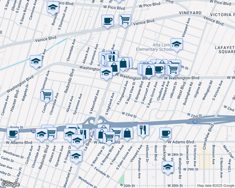 map of restaurants, bars, coffee shops, grocery stores, and more near 4932 West 21st Street in Los Angeles