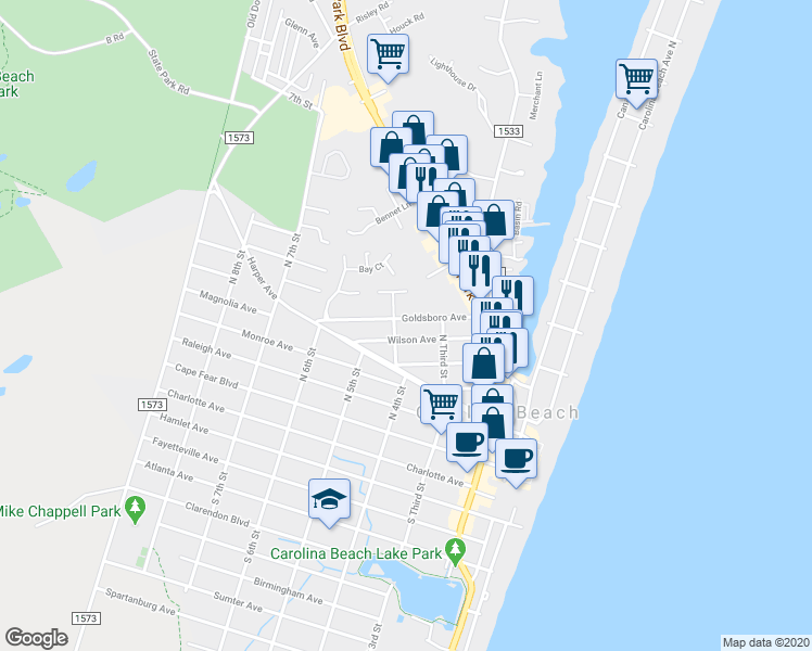 map of restaurants, bars, coffee shops, grocery stores, and more near 319 Goldsboro Avenue in Carolina Beach