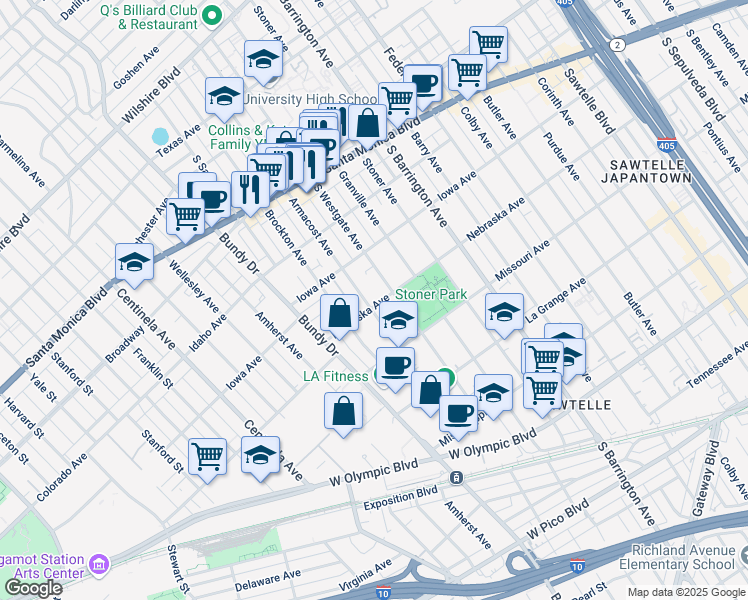 map of restaurants, bars, coffee shops, grocery stores, and more near 11877 Nebraska Avenue in Los Angeles