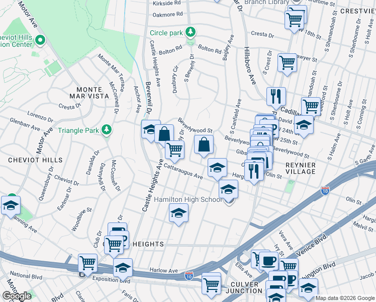 map of restaurants, bars, coffee shops, grocery stores, and more near 2721 Cardiff Avenue in Los Angeles