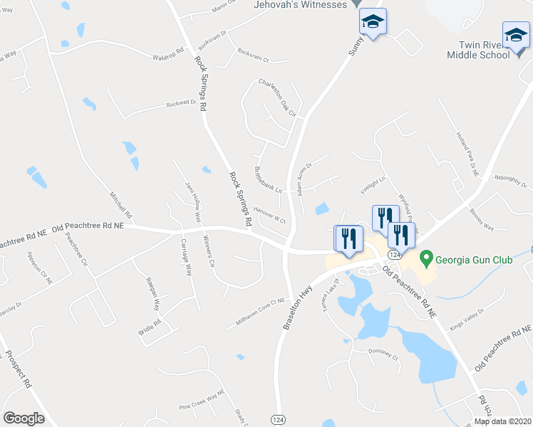 map of restaurants, bars, coffee shops, grocery stores, and more near Hanover West Court in Lawrenceville