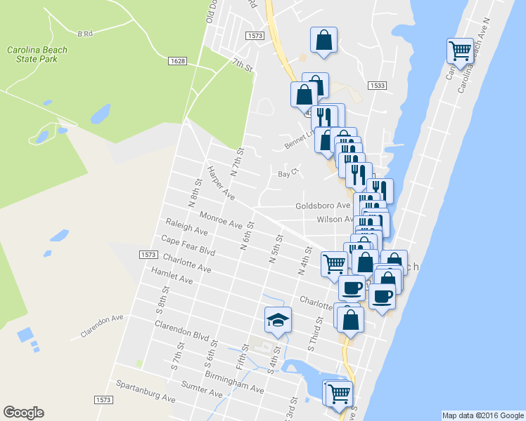 map of restaurants, bars, coffee shops, grocery stores, and more near 504 Harper Avenue in Carolina Beach