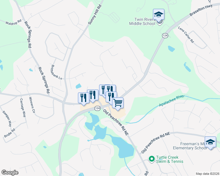 map of restaurants, bars, coffee shops, grocery stores, and more near 1940 Wynfield Point Dr in Buford