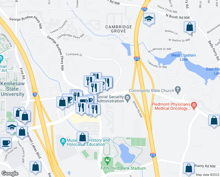 map of restaurants, bars, coffee shops, grocery stores, and more near 3517 Village Park Way in Kennesaw