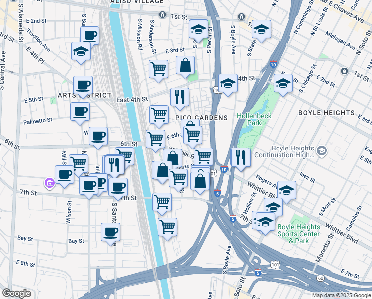 map of restaurants, bars, coffee shops, grocery stores, and more near 621 South Anderson Street in Los Angeles