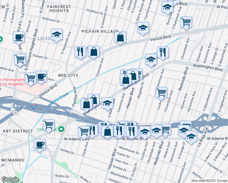 map of restaurants, bars, coffee shops, grocery stores, and more near 2121 S Marvin Ave in Los Angeles