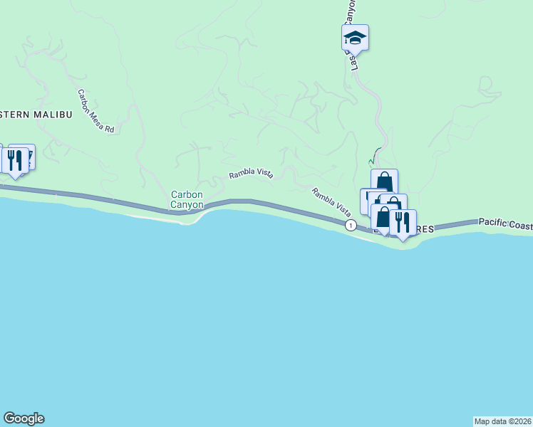 map of restaurants, bars, coffee shops, grocery stores, and more near 21540 Pacific Coast Highway in Malibu