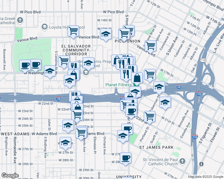 map of restaurants, bars, coffee shops, grocery stores, and more near 1390 West 20th Street in Los Angeles