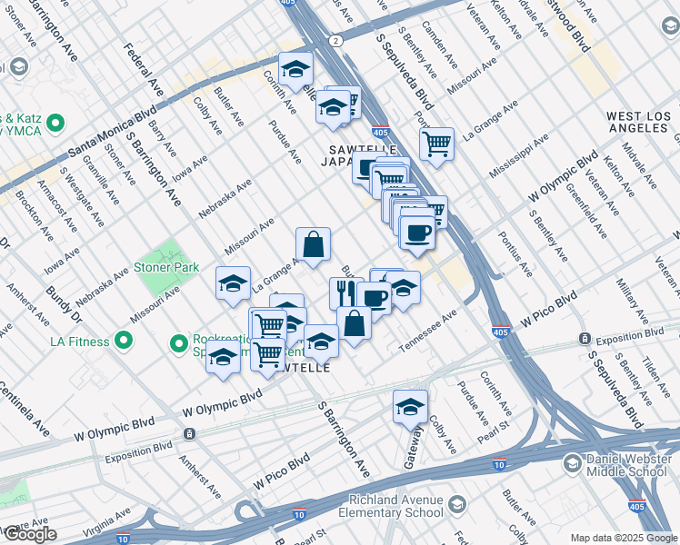 map of restaurants, bars, coffee shops, grocery stores, and more near 2045 Butler Avenue in Los Angeles
