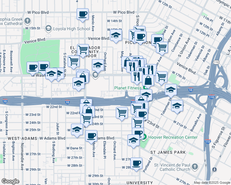 map of restaurants, bars, coffee shops, grocery stores, and more near 2001 Magnolia Avenue in Los Angeles