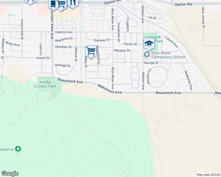 map of restaurants, bars, coffee shops, grocery stores, and more near 11867 Beverly Court in Loma Linda