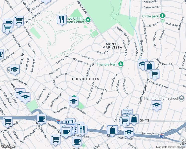 map of restaurants, bars, coffee shops, grocery stores, and more near 10268 Kincardine Avenue in Los Angeles