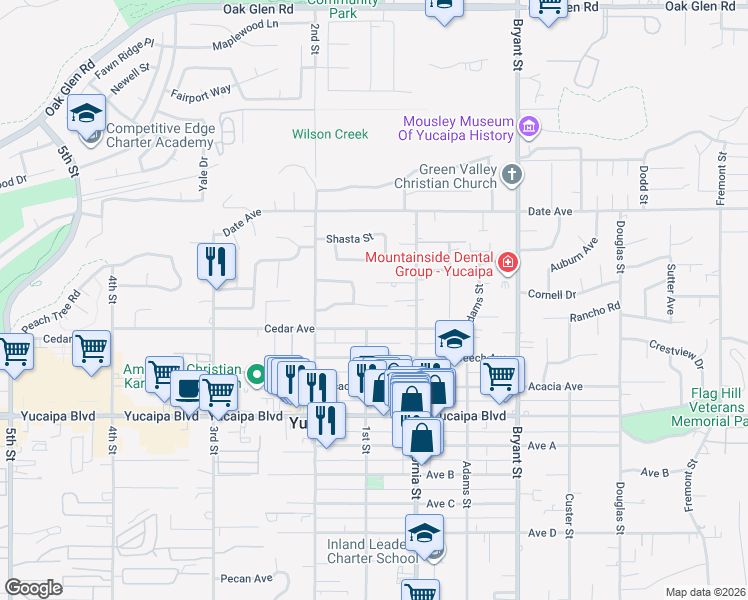 map of restaurants, bars, coffee shops, grocery stores, and more near 35018 Gail Avenue in Yucaipa