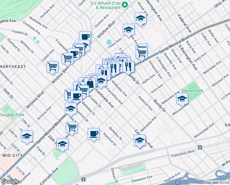 map of restaurants, bars, coffee shops, grocery stores, and more near 12403 Ohio Avenue in Los Angeles