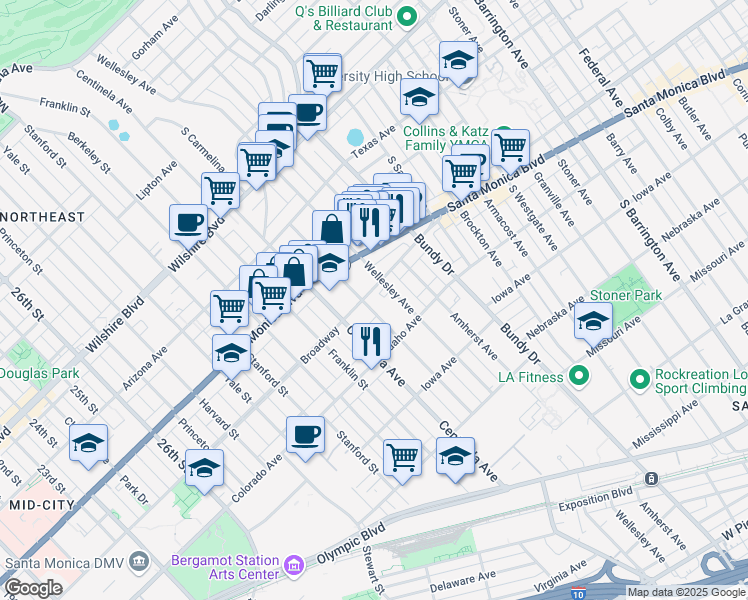 map of restaurants, bars, coffee shops, grocery stores, and more near 1510 South Carmelina Avenue in Los Angeles