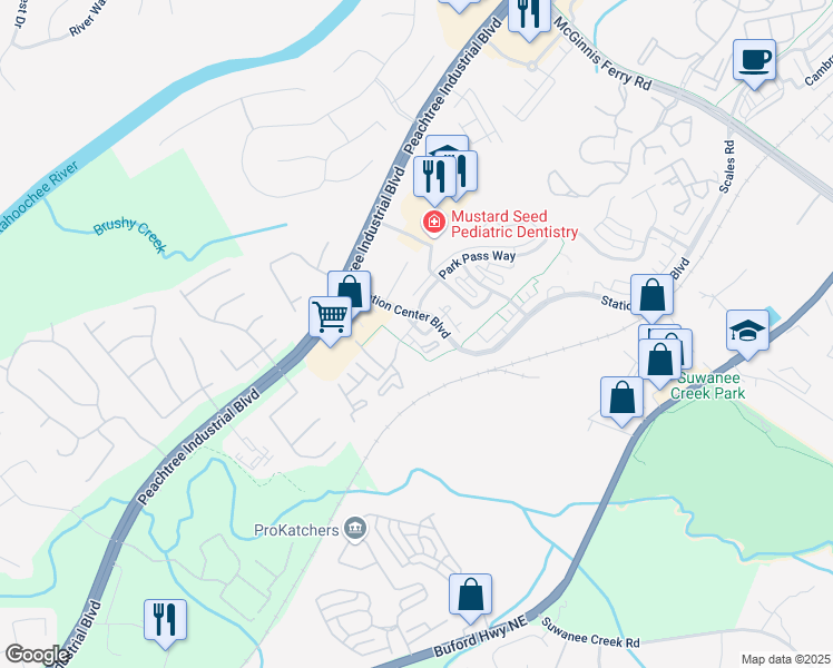 map of restaurants, bars, coffee shops, grocery stores, and more near 1431 Park Commons Square in Suwanee