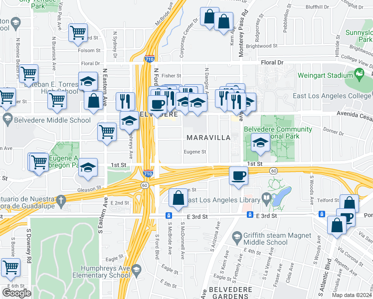 map of restaurants, bars, coffee shops, grocery stores, and more near 4613 Eugene Street in East Los Angeles
